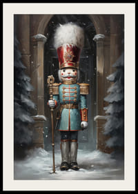 Un cartel navideño con un majestuoso Cascanueces en un ambiente invernal que desprende tradición y encanto festivo.-2