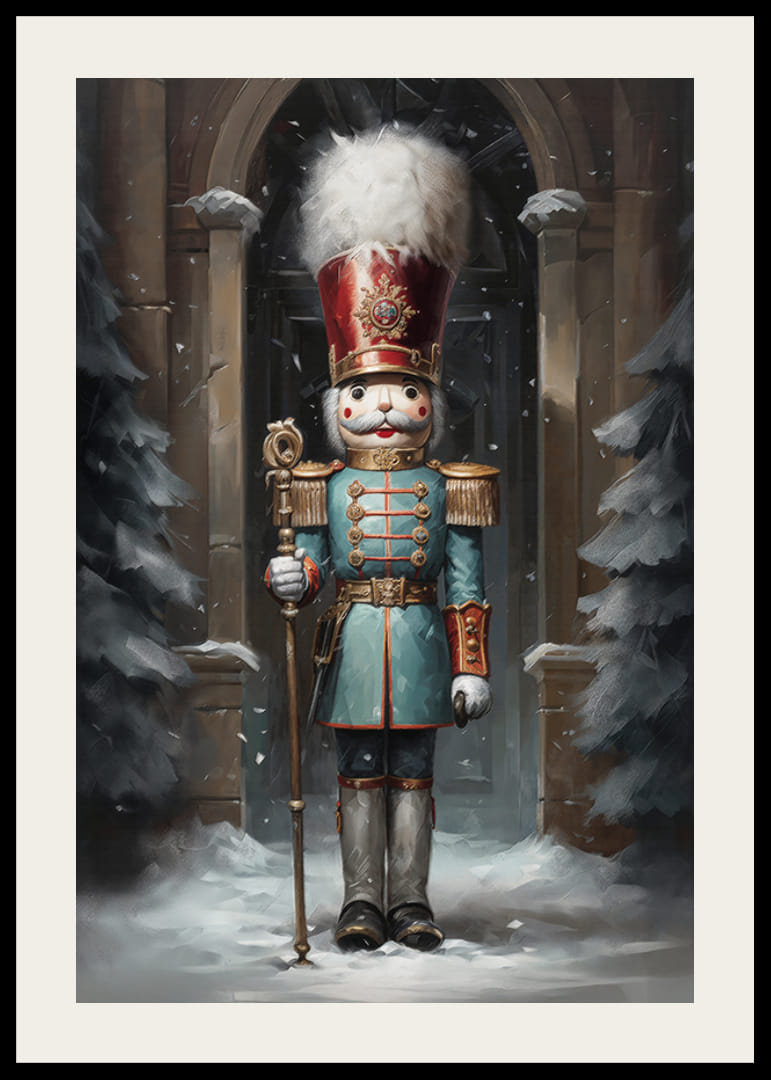 Un cartel navideño con un majestuoso Cascanueces en un ambiente invernal que desprende tradición y encanto festivo.-12