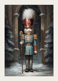 A Christmas poster with a stately Nutcracker in a winter setting, which exudes tradition and festive charm.-3
