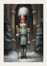 Un cartel navideño con un majestuoso Cascanueces en un ambiente invernal que desprende tradición y encanto festivo.-3