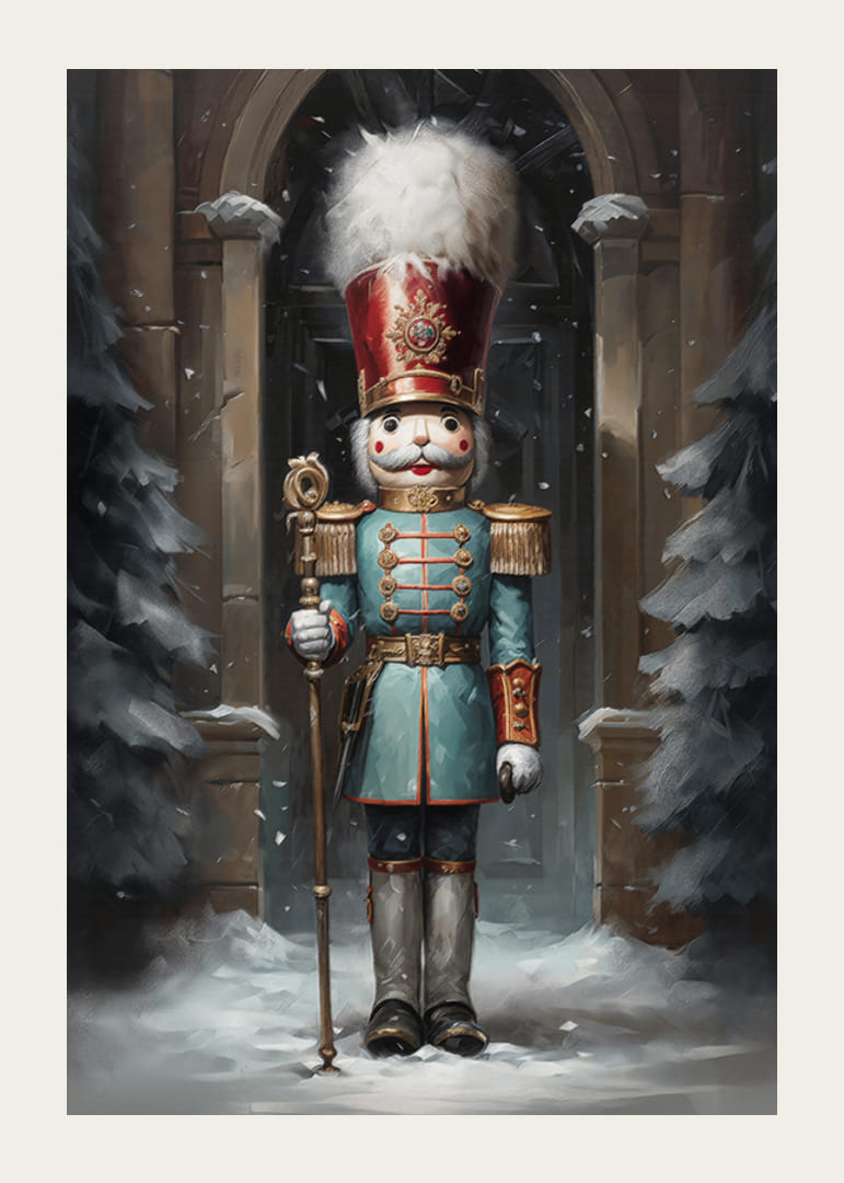 Un cartel navideño con un majestuoso Cascanueces en un ambiente invernal que desprende tradición y encanto festivo.-12