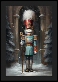 Un cartel navideño con un majestuoso Cascanueces en un ambiente invernal que desprende tradición y encanto festivo.-4