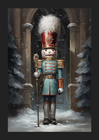 A Christmas poster with a stately Nutcracker in a winter setting, which exudes tradition and festive charm.-5