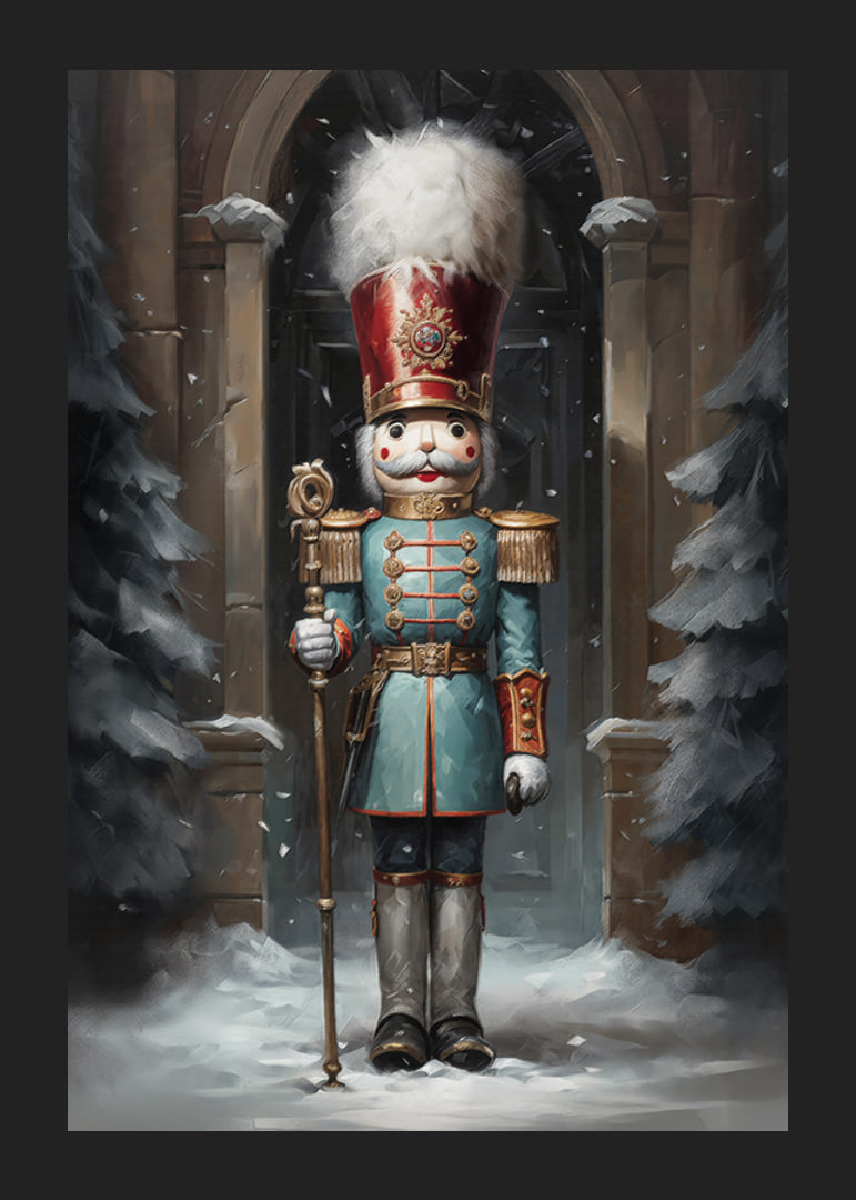 A Christmas poster with a stately Nutcracker in a winter setting, which exudes tradition and festive charm.-12