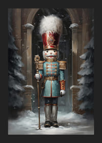 Un cartel navideño con un majestuoso Cascanueces en un ambiente invernal que desprende tradición y encanto festivo.-5