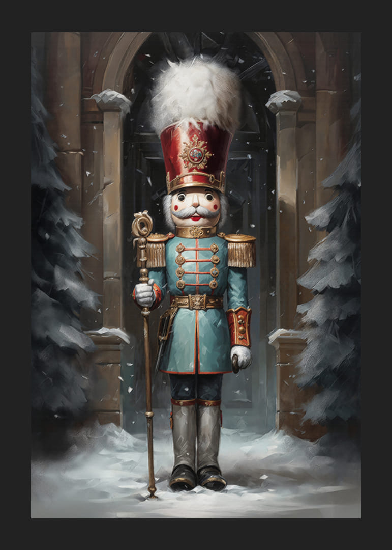 Un cartel navideño con un majestuoso Cascanueces en un ambiente invernal que desprende tradición y encanto festivo.-12