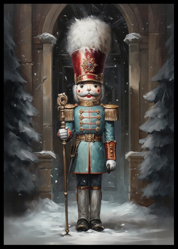 A Christmas poster with a stately Nutcracker in a winter setting, which exudes tradition and festive charm.-12
