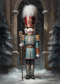 A Christmas poster with a stately Nutcracker in a winter setting, which exudes tradition and festive charm.-7