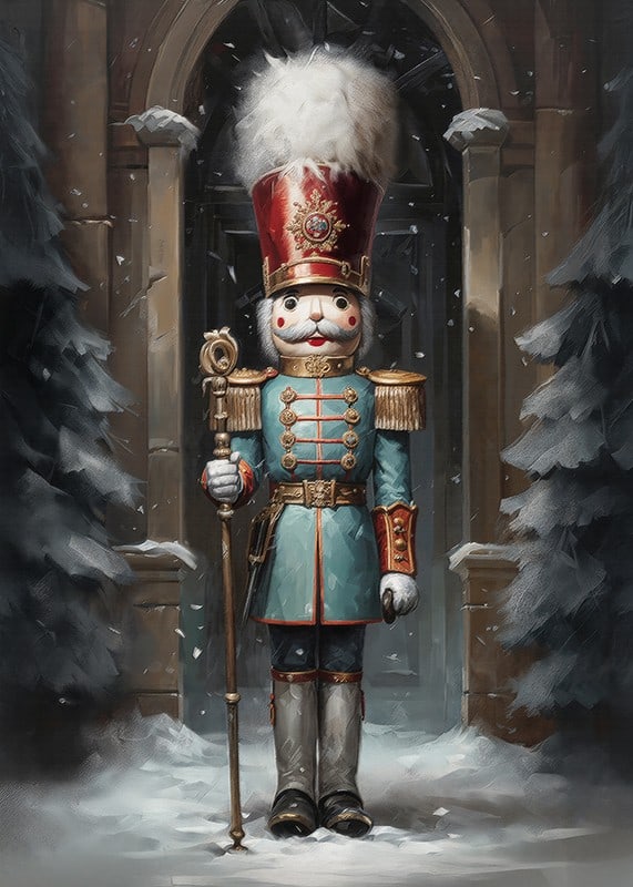 A Christmas poster with a stately Nutcracker in a winter setting, which exudes tradition and festive charm.-12