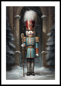 A Christmas poster with a stately Nutcracker in a winter setting, which exudes tradition and festive charm.-0