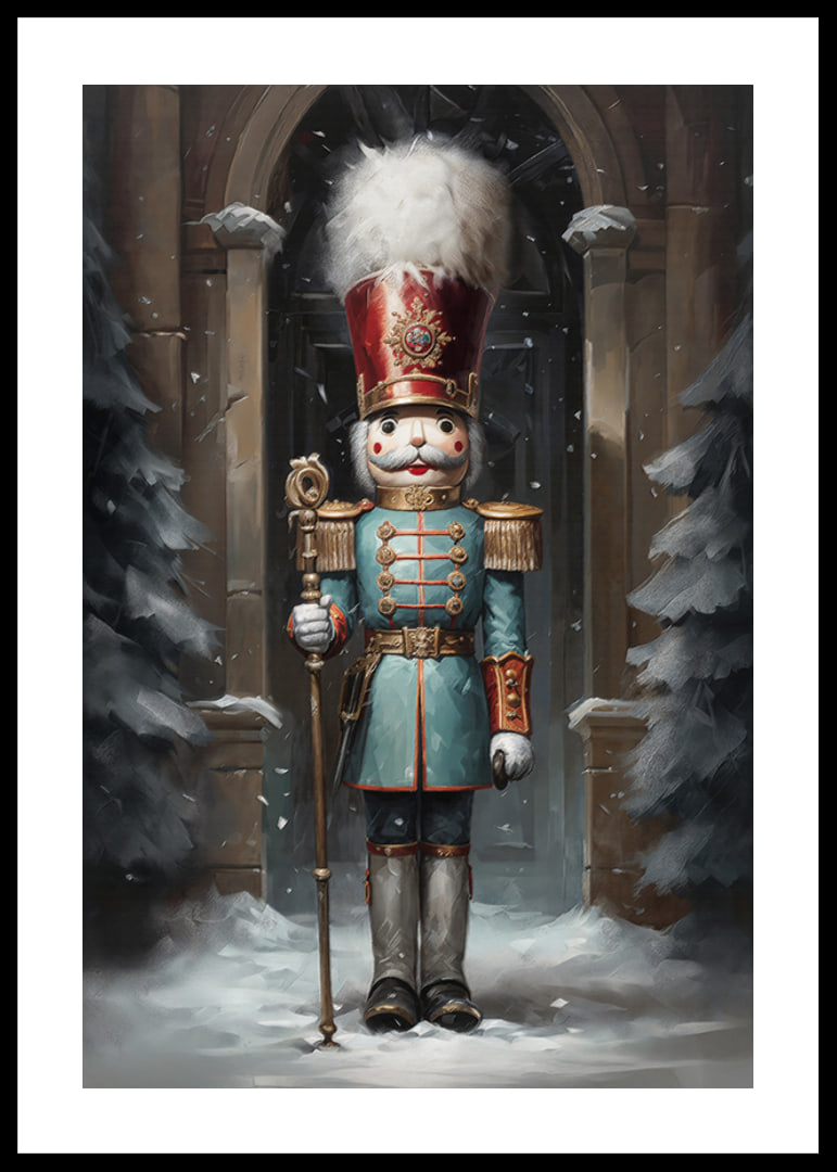 A Christmas poster with a stately Nutcracker in a winter setting, which exudes tradition and festive charm.-12