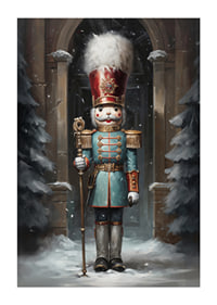 A Christmas poster with a stately Nutcracker in a winter setting, which exudes tradition and festive charm.-1