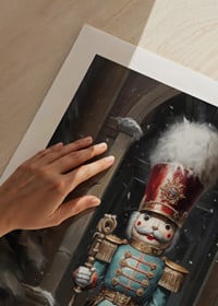 A Christmas poster with a stately Nutcracker in a winter setting, which exudes tradition and festive charm.-9