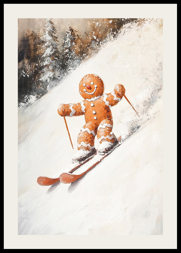 Ein Weihnachtsplakat mit einem Lebkuchenmann, der fröhlich einen schneebedeckten Hügel hinunterfährt.-12