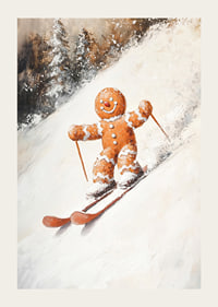 Ein Weihnachtsplakat mit einem Lebkuchenmann, der fröhlich einen schneebedeckten Hügel hinunterfährt.-3