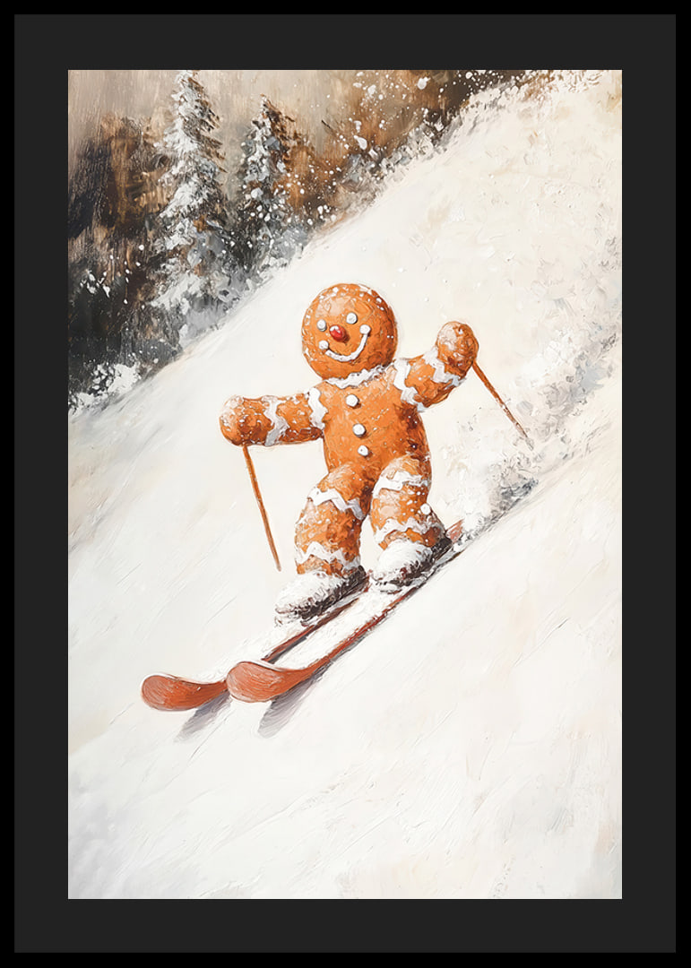 Ein Weihnachtsplakat mit einem Lebkuchenmann, der fröhlich einen schneebedeckten Hügel hinunterfährt.-12