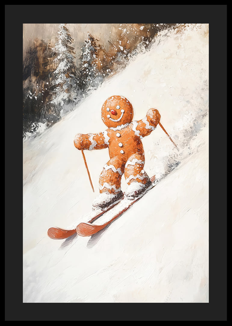 En julposter med en pepparkaksgubbe som glatt åker skidor nerför en snötäckt backe.-12