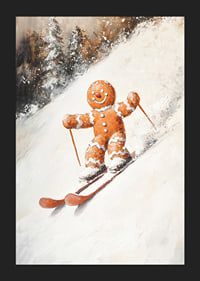 Ein Weihnachtsplakat mit einem Lebkuchenmann, der fröhlich einen schneebedeckten Hügel hinunterfährt.-5