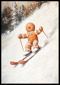 Ein Weihnachtsplakat mit einem Lebkuchenmann, der fröhlich einen schneebedeckten Hügel hinunterfährt.-6