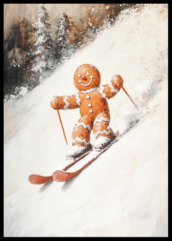 Ein Weihnachtsplakat mit einem Lebkuchenmann, der fröhlich einen schneebedeckten Hügel hinunterfährt.-12