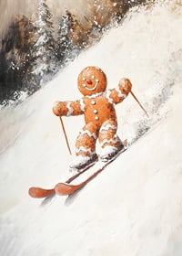 Ein Weihnachtsplakat mit einem Lebkuchenmann, der fröhlich einen schneebedeckten Hügel hinunterfährt.-7