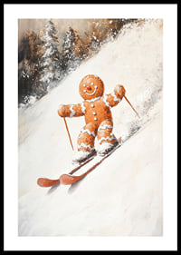 Ein Weihnachtsplakat mit einem Lebkuchenmann, der fröhlich einen schneebedeckten Hügel hinunterfährt.-0