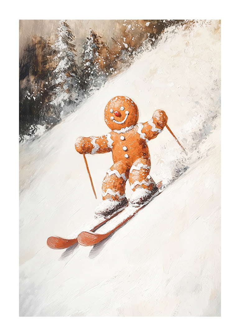 Ein Weihnachtsplakat mit einem Lebkuchenmann, der fröhlich einen schneebedeckten Hügel hinunterfährt.-12