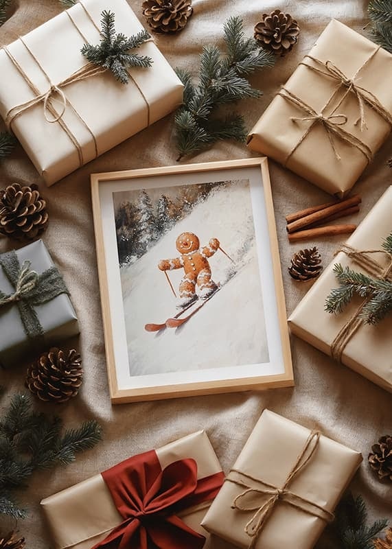 Ein Weihnachtsplakat mit einem Lebkuchenmann, der fröhlich einen schneebedeckten Hügel hinunterfährt.-12