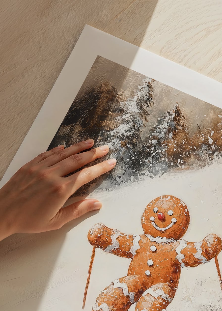 Ein Weihnachtsplakat mit einem Lebkuchenmann, der fröhlich einen schneebedeckten Hügel hinunterfährt.-12