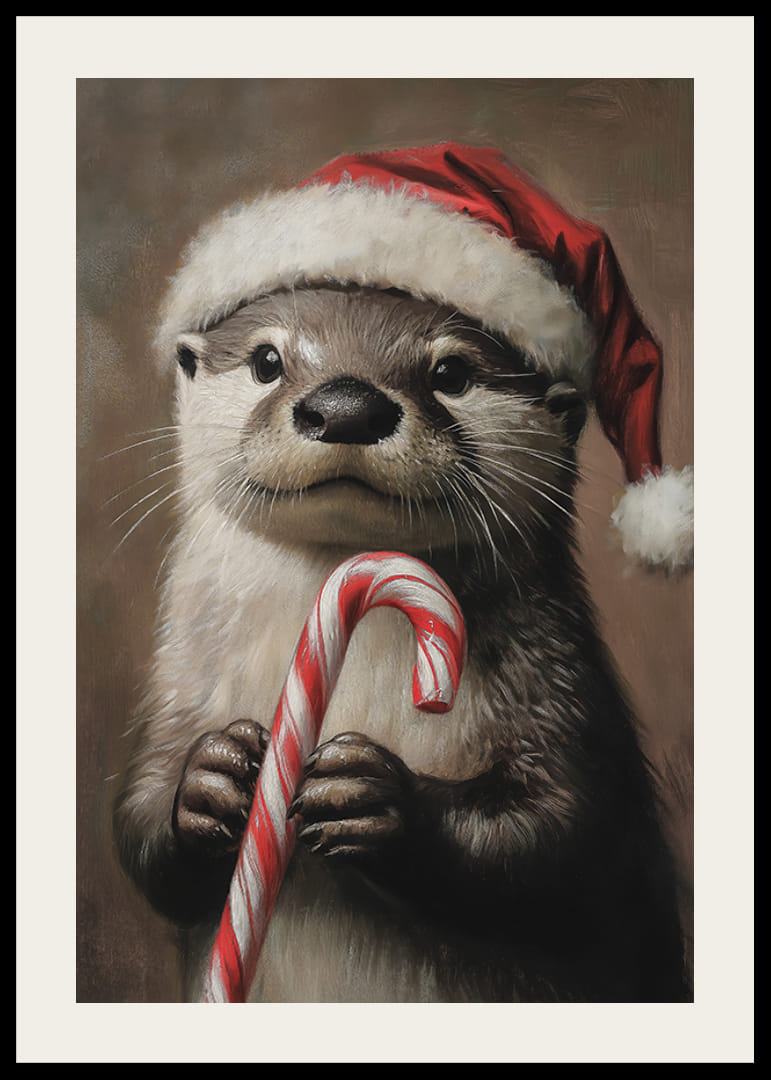 En juleplakat med en oter i nisselue som holder en polkagris.-12