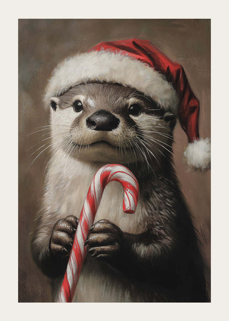 En julposter med en utter i tomteluva som håller en polkagris.-12