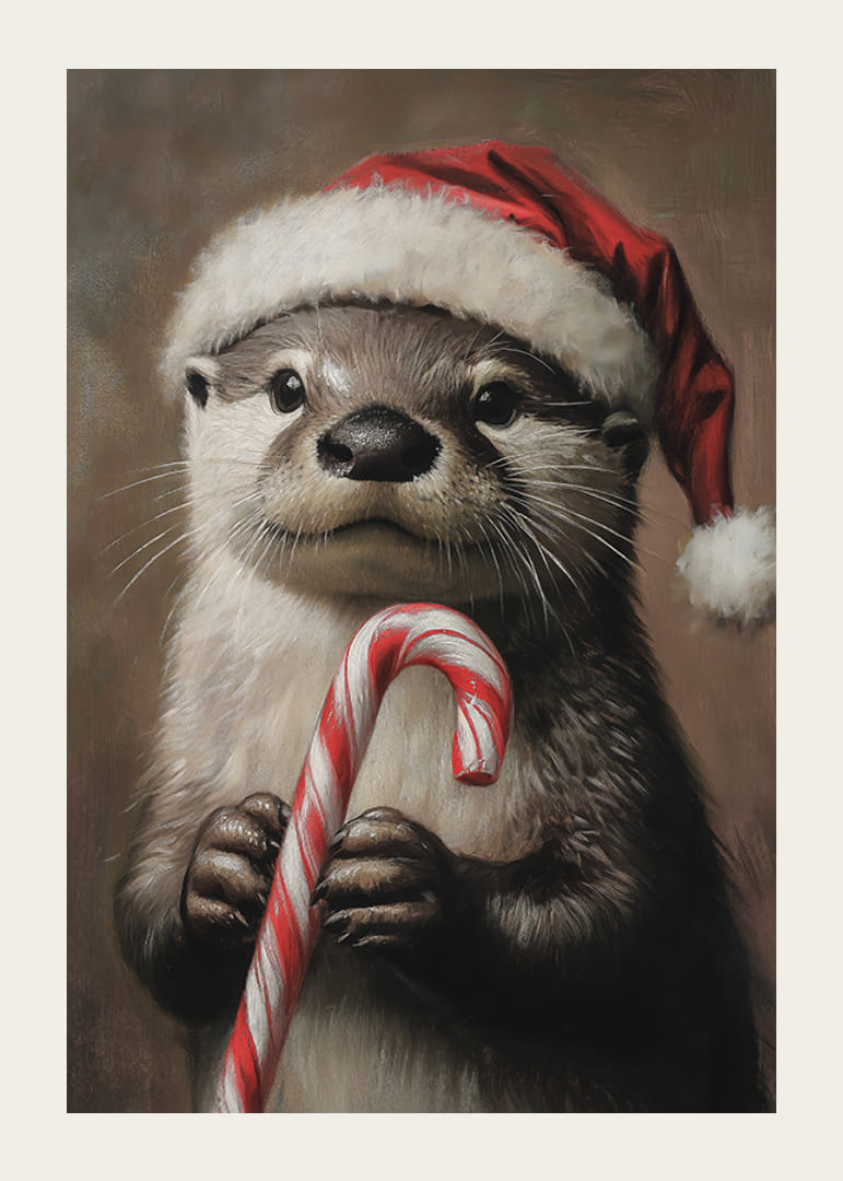 En juleplakat med en oter i nisselue som holder en polkagris.-12