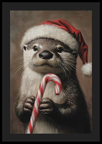 En julposter med en utter i tomteluva som håller en polkagris.-4