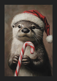 En julposter med en utter i tomteluva som håller en polkagris.-5