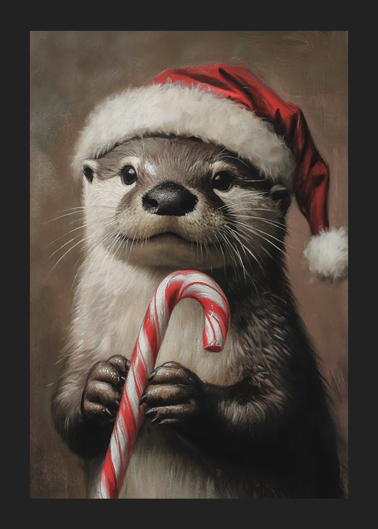 En julposter med en utter i tomteluva som håller en polkagris.-12