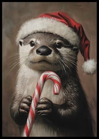 En julposter med en utter i tomteluva som håller en polkagris.-6