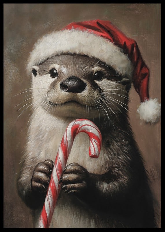 En julposter med en utter i tomteluva som håller en polkagris.-12