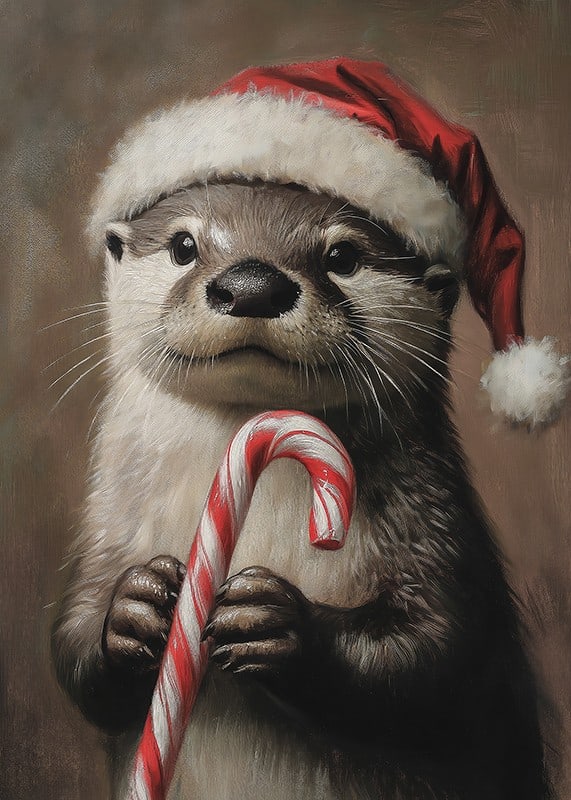 En julposter med en utter i tomteluva som håller en polkagris.-12