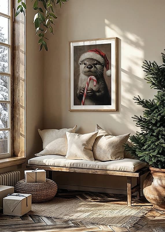 Ein Weihnachtsplakat mit einem Otter mit Weihnachtsmütze und einem Polka-Schwein.-12