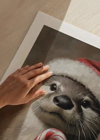 A Christmas poster with an otter in a Santa hat holding a Polka Pig.-9