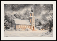 A poster with an illuminated church in a snow-covered winter landscape.-2