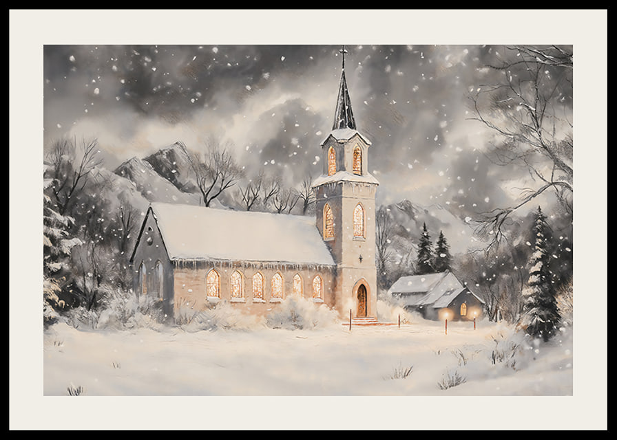 A poster with an illuminated church in a snow-covered winter landscape.-12