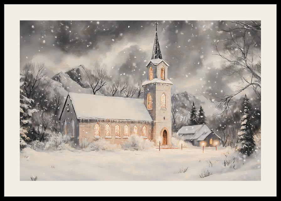 Een poster met een verlichte kerk in een besneeuwd winterlandschap.-12