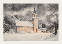 A poster with an illuminated church in a snow-covered winter landscape.-3