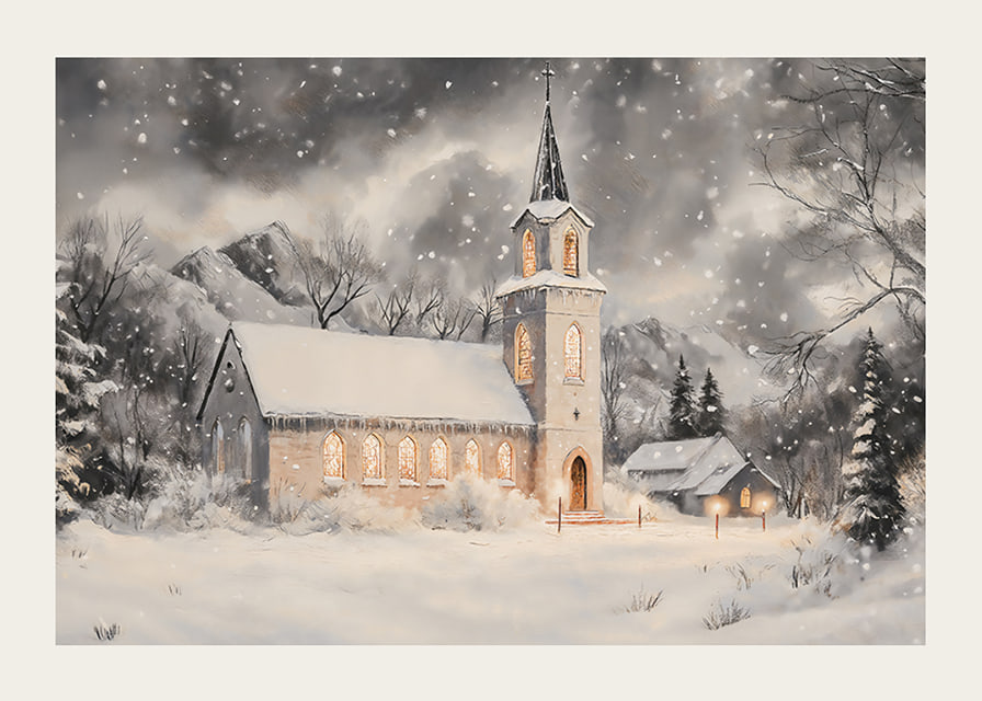 A poster with an illuminated church in a snow-covered winter landscape.-12
