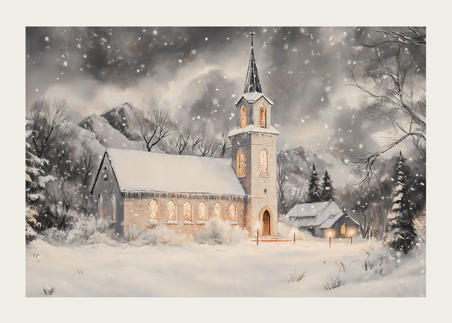 Een poster met een verlichte kerk in een besneeuwd winterlandschap.-12