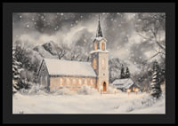A poster with an illuminated church in a snow-covered winter landscape.-4