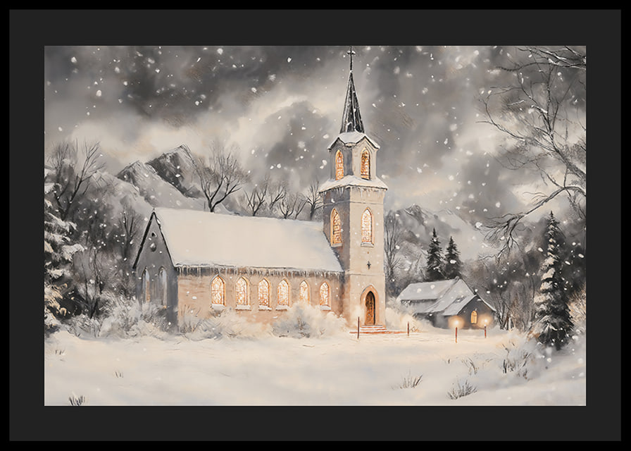 A poster with an illuminated church in a snow-covered winter landscape.-12