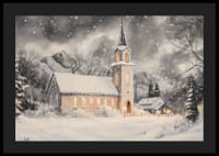 Een poster met een verlichte kerk in een besneeuwd winterlandschap.-4