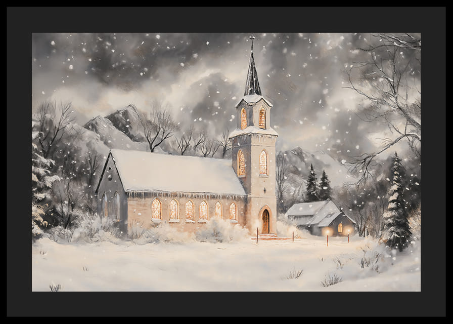 Een poster met een verlichte kerk in een besneeuwd winterlandschap.-12